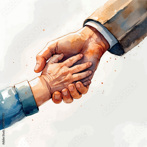 Emotional watercolor image of child and elderly hand holding, warm colors, isolated on white