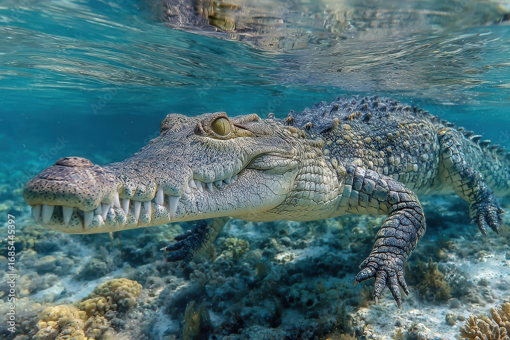 Obraz premium Underwater saltwater crocodile swimming, closeup of its head and sharp teeth. Showcases nature's beauty, ideal for wildlife, science, and environmental themes.