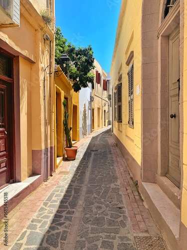 Street-level view of narrow, colorful Greek island streets with vibrant houses, flowers, blue doors, and bright Mediterranean sunlight.