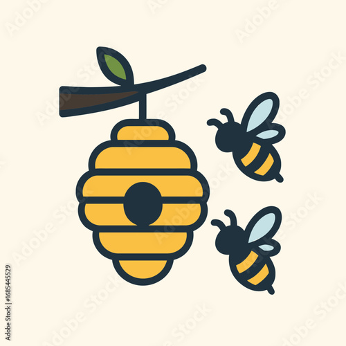 Two honeybees flying near their beehive hanging from a tree branch, illustrated in a simple and colorful cartoon style, perfect for children's books or educational materials about nature and insects.