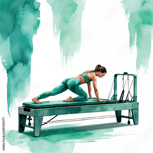 Watercolor pilates reformer workout in teal and mint. Modern studio atmosphere illustration isolated on white background