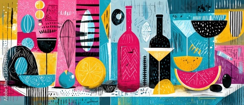Vibrant still life painting of wine bottles, cocktail glasses, and citrus fruits in a colorful abstract composition with a modern art aesthetic