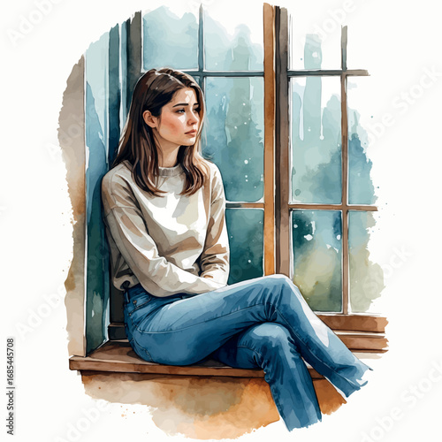 Watercolor woman by window feeling homesick, muted tones, isolated vector