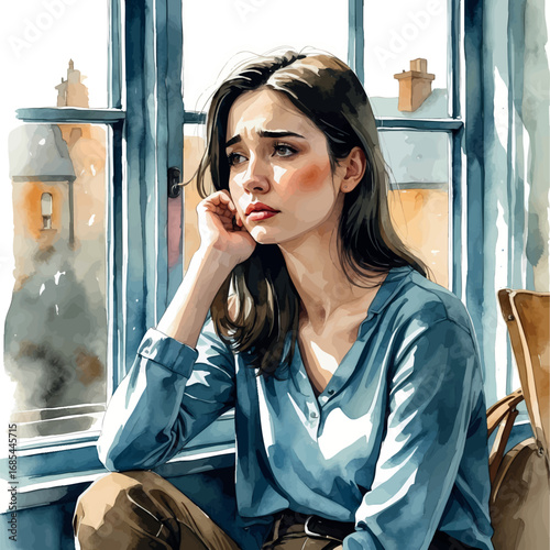 Watercolor woman by window feeling homesick, muted tones, isolated vector