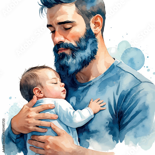 Bearded dad with sleeping baby watercolor portrait. Peaceful paternal moment in gentle blue and skin tone palette isolated on white background.