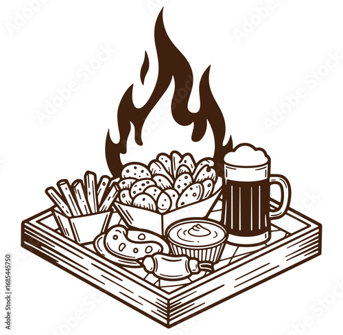 Appetizing illustration of a bbq platter with beer and fire design element