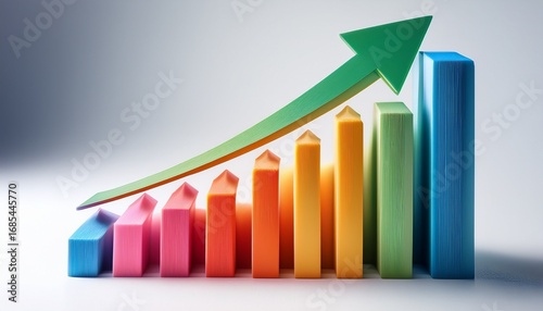 a vivid 3d bar graph with an upward pointing arrow symbolizing positive trends and market growth displayed on a white background for clear visualization