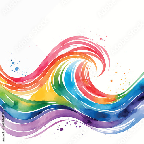 Abstract watercolor rainbow strokes forming dynamic wave, isolated on white background