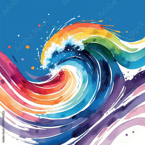 Abstract watercolor rainbow strokes forming dynamic wave, isolated on white background