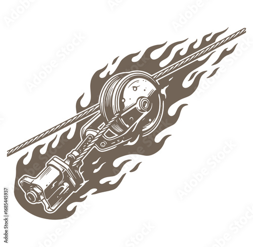 Artistic illustration of a winch mechanism with flames symbolic of speed and power