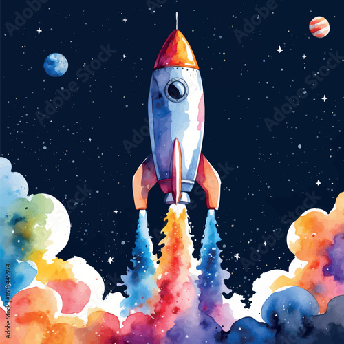 Watercolor rocket launch symbolizing ambition, dreams, and limitless motivation