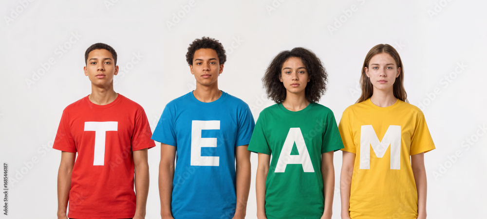 Obraz premium Multiracial group of young men and women wearing colorful t-shirts forming the word TEAM