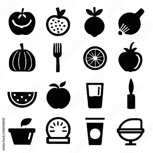 Vector art of collection of 16 simple black icons representing food and kitchen items, isolated on a transparent background