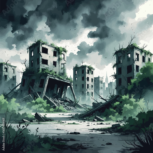 Watercolor ruined city with overgrown nature and dramatic apocalyptic atmosphere