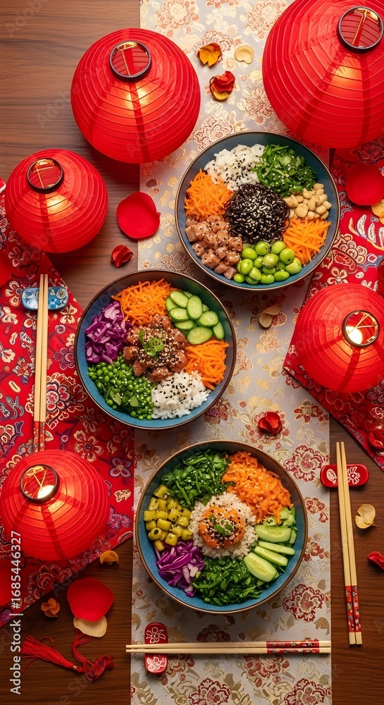 Fototapeta premium Three colorful poke bowls with fresh ingredients and chopsticks next to glowing red lanterns