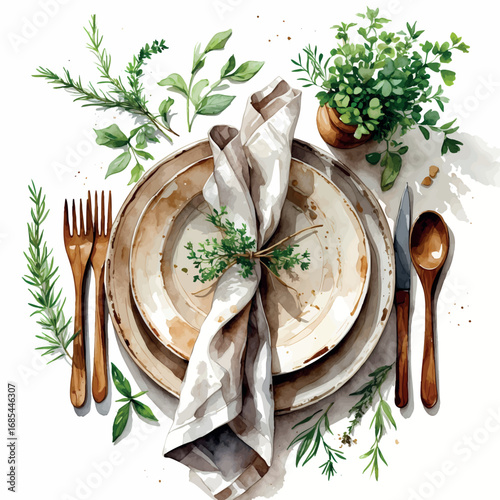 Watercolor rustic table setting with ceramic plate and linen napkin, isolated on white