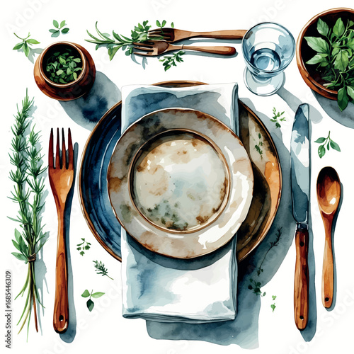 Watercolor rustic table setting with ceramic plate and linen napkin, isolated on white