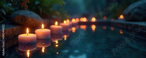 Mystical floating candles illuminate a dark pool of water, creating a serene and enchanting atmosphere Perfect for spa, meditation, and fantasy themes , occult, water, beauty