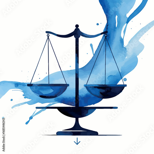 Watercolor scale showing weight transformation. Flowing blue paint with downward arrow illustrating minimalist wellness concept.