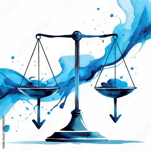 Watercolor scale showing weight transformation. Flowing blue paint with downward arrow illustrating minimalist wellness concept.