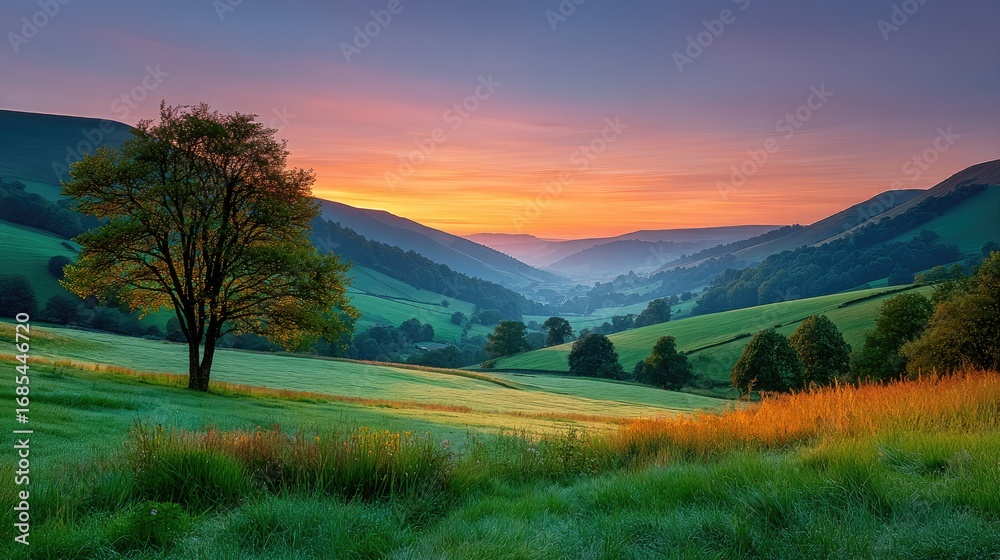 Obraz premium A quiet countryside morning with pastel pink clouds resembling spun sugar, rolling hills in soft focus, a fairytale ambiance.