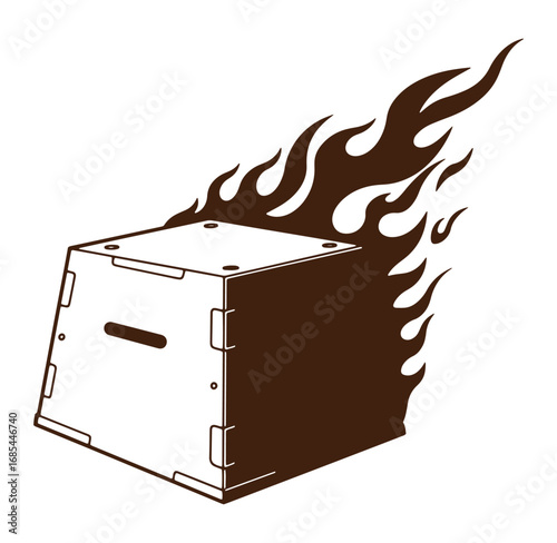 Burning box graphic illustration depicting abstract concept of hot situation or problem