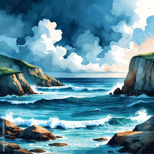 Watercolor seascape with waves and rocky coastline under a cloudy sky, ocean landscape