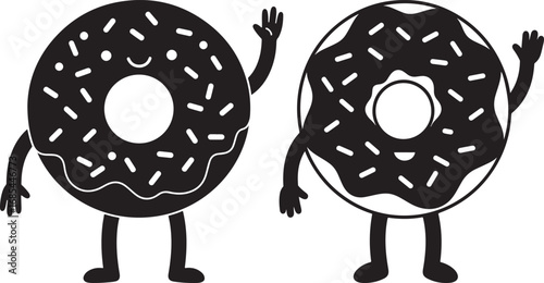 Two happy anthropomorphic donuts waving hello in a charming silhouette style