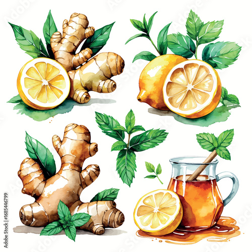 Watercolor Detox Tea Ingredients Set. Ginger, Lemon, Mint and Honey Illustration for Health and Wellness Design