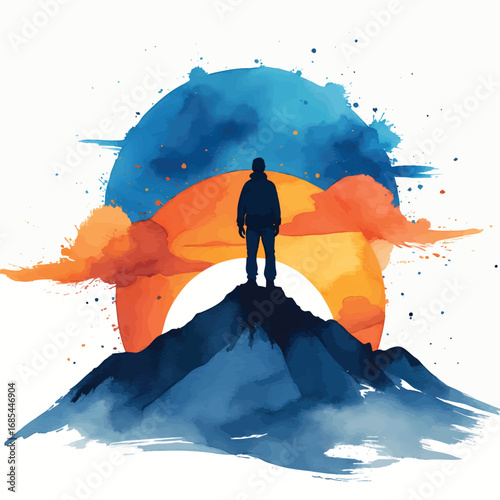 Watercolor silhouette of personal triumph on mountain peak at sunrise