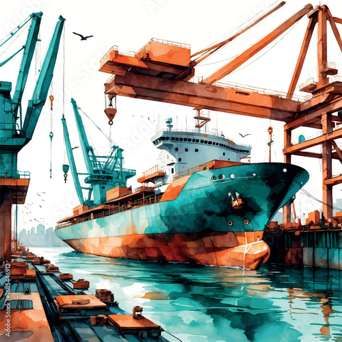 Shipyard Watercolor with Vessel Construction. Maritime Harbor Industry in Teal and Rust Colors, Naval Manufacturing Illustration for Shipping Companies
