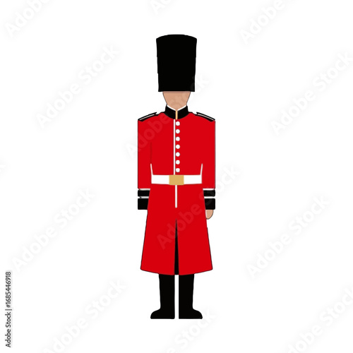 Vector art of a british royal guard in a traditional red uniform and tall black bearskin hat, isolated on a transparent background