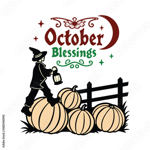 October Blessings - Child with Lantern on Pumpkins Vector