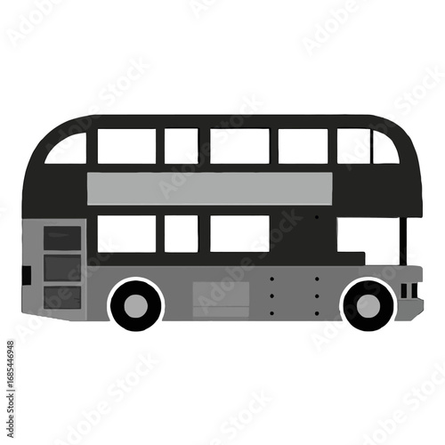 Vector art of a stylized illustration of a classic black and gray doubledecker bus, isolated on a transparent background, representing public transportation and urban travel