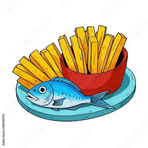 Vector art of a delicious illustration of fish and chips served on a plate, perfect for foodrelated content