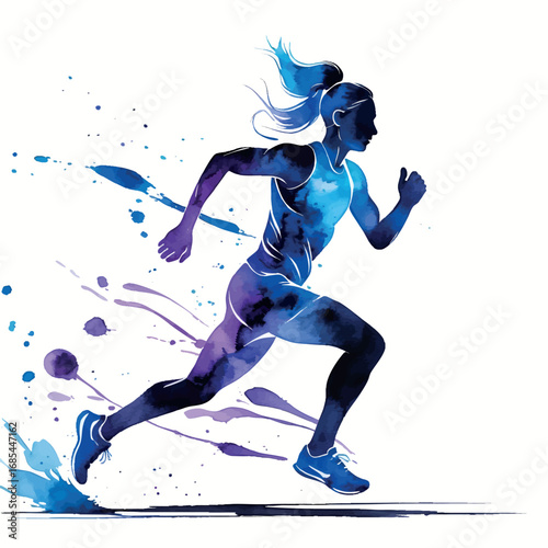 Dynamic watercolor runner silhouette with blue and purple splashes. Artistic sports illustration isolated on white background