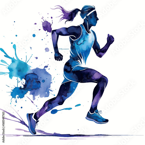 Dynamic watercolor runner silhouette with blue and purple splashes. Artistic sports illustration isolated on white background