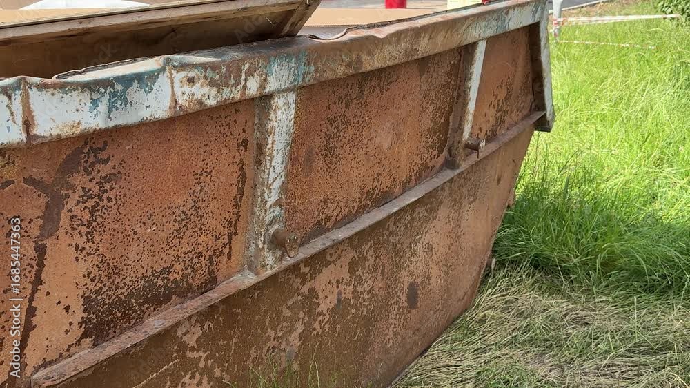 custom made wallpaper toronto digitalAn old rusty container stands motionless in a field overgrown with tall grass and weeds, emphasizing urban decay. Garbage collection in the house territory. Daylight saving time.