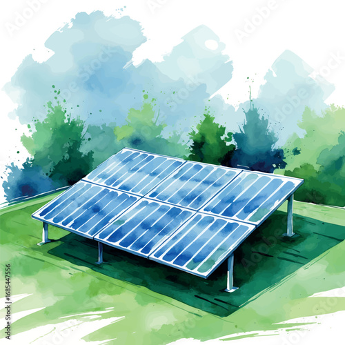 Watercolor solar panels on green roof illustration. Renewable energy sustainable architecture concept isolated on white background.