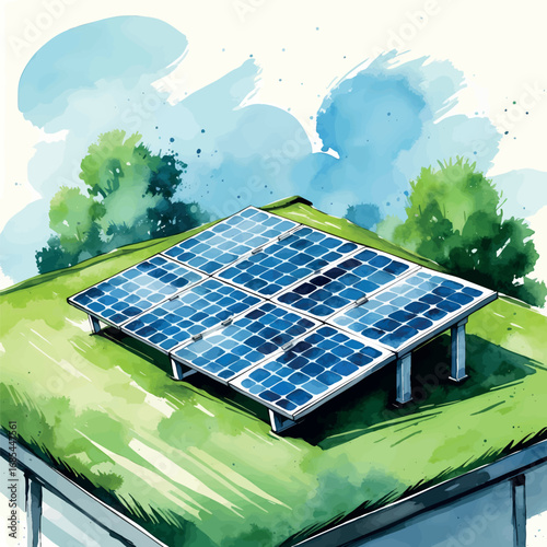Watercolor solar panels on green roof illustration. Renewable energy sustainable architecture concept isolated on white background.