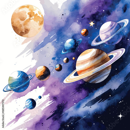 Watercolor solar system illustration with aligned planets. Cosmic astronomical art with nebula colors isolated on white background.