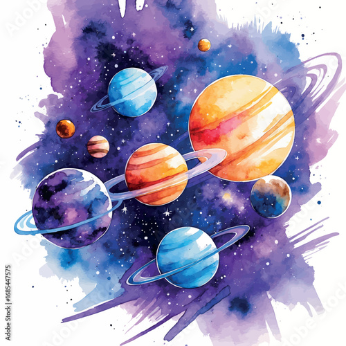 Watercolor solar system illustration with aligned planets. Cosmic astronomical art with nebula colors isolated on white background.