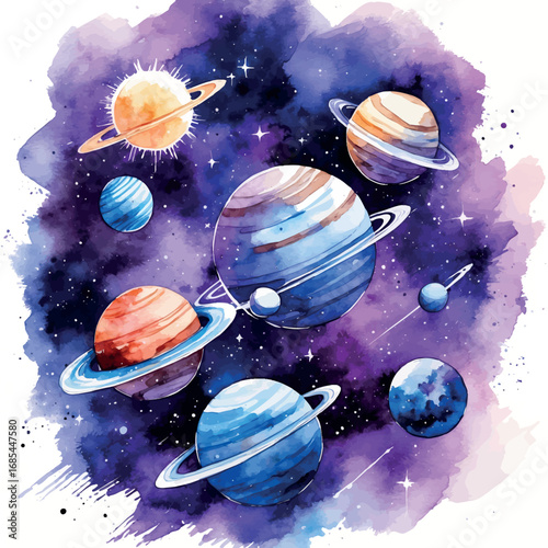 Watercolor solar system illustration with aligned planets. Cosmic astronomical art with nebula colors isolated on white background.