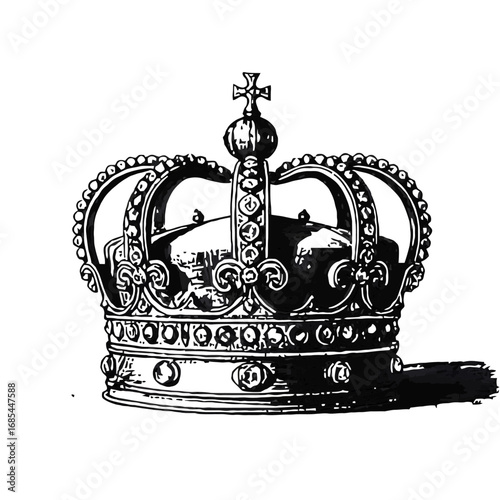 Vector art of an ornate, detailed illustration of a royal crown, intricately designed with jewels and a cross on top, isolated on a transparent background