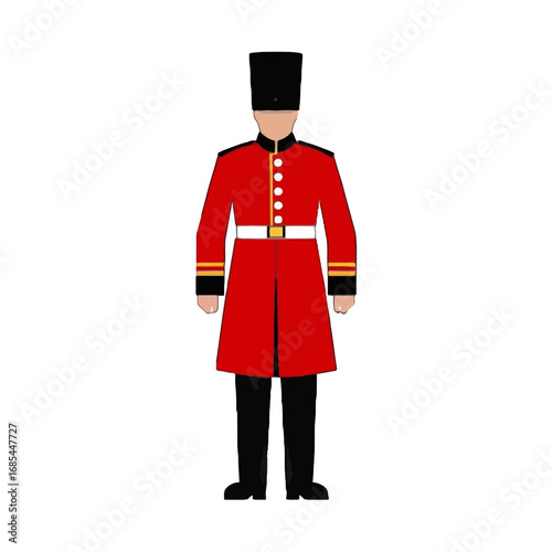 Illustration of a british royal guard in a red uniform with a black bearskin hat