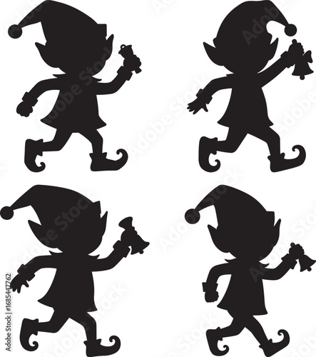 Four christmas elves in silhouette running with bells in hand silhouette
