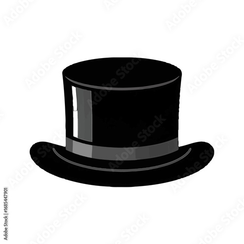Vector art of a classic black top hat with a grey ribbon, isolated on a transparent background, representing elegance and formal attire