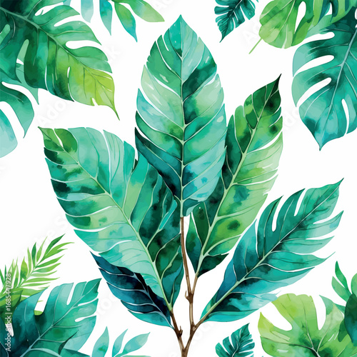 Tropical leaves watercolor illustration. Green and teal botanical art with detailed veins. Perfect for nature-inspired designs.