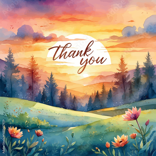 Watercolor sunrise with thank you message, peaceful and spiritual gratitude illustration