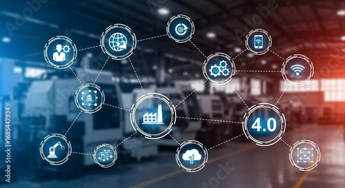 Industry 4.0 Concept with Connected Digital Icons Overlaying Modern Manufacturing Plant | Automation and Technology for Smart Factory Visualization and Industrial Marketing